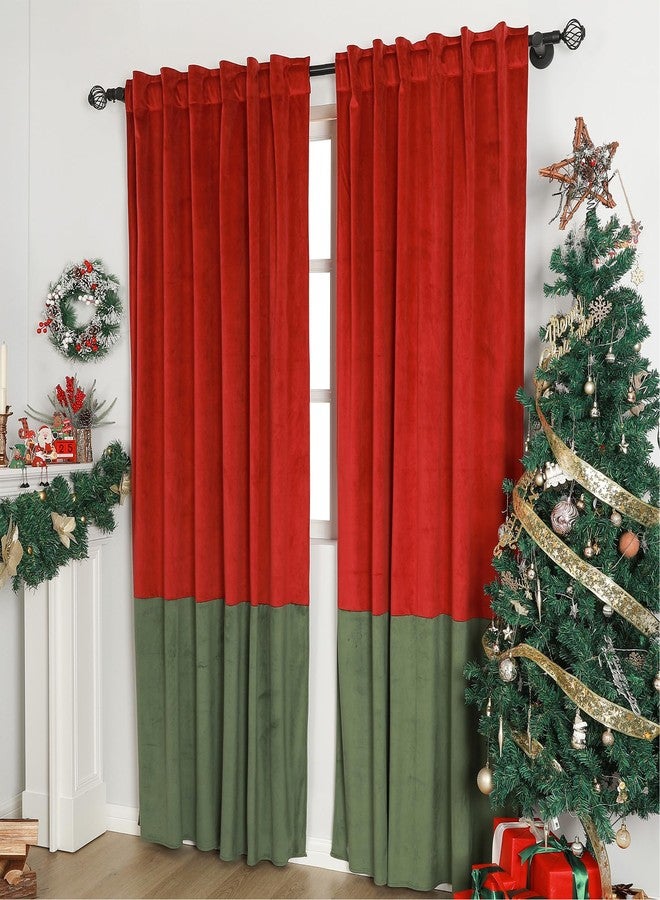 RLoncomix 2 Pcs Velvet Window Curtains 84 Inches Length Red Green Thermal Insulated Light Blocking Panels Modern Color Block Back Tab Rod Pocket Drapes for Living Room Bedroom Xmas Decor - Image 1